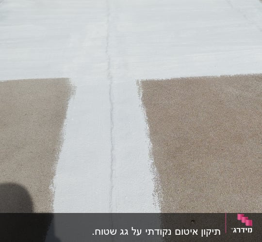 איטום גג עם חומר לבן על רקע בניינים ועצים
